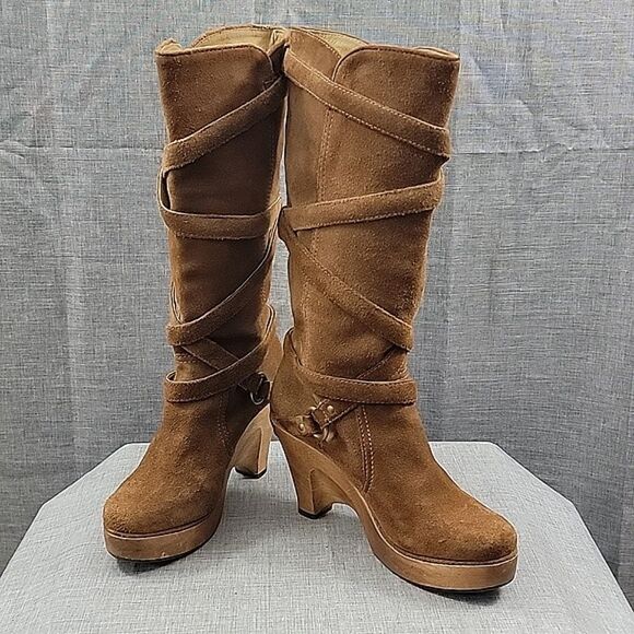 Michael Kors Tall Brown Suede Leather Strappy Wedge Heeled Slouch Boots SZ  6.5 - Picture 2 of 13